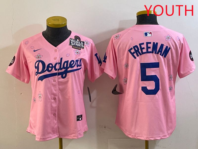 Youth Los Angeles Dodgers #5 Freeman Pink Sakura Edition 2025 Nike MLB Jersey style 6->youth mlb jersey->Youth Jersey
